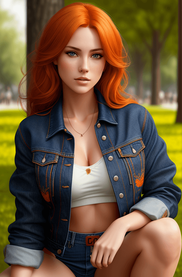 AI generated: a beautiful american model with orange hair casually squatting in a park, looking at viewer, nonchal...