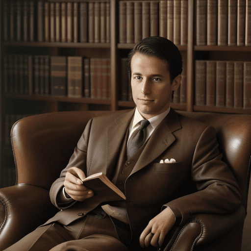 AI generated: a portrait of a lawyer doing his reading, classic suit, old book, classic setting, english brown lea...