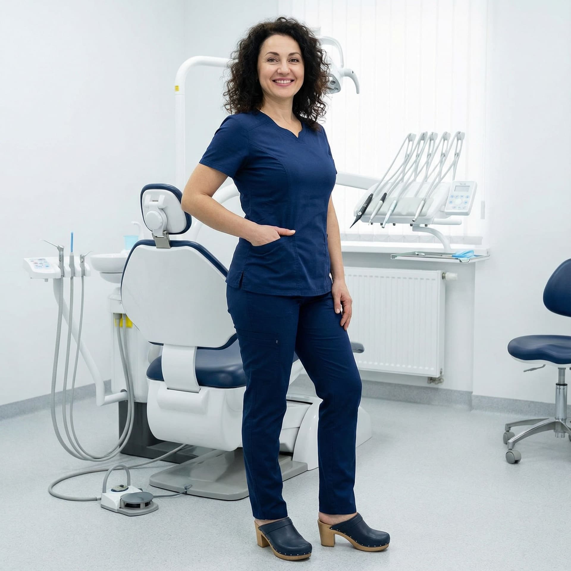 AI generated: Eastern European 45y woman, dentist, full body, sexy curves, 
in sexy outfit