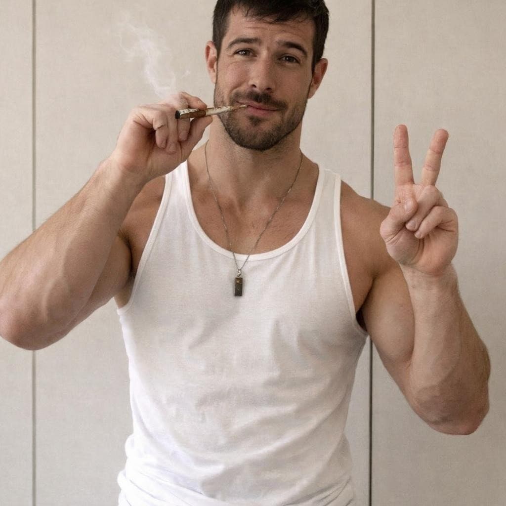 AI generated: make this man wearing a white tank top and white short shorts smoking a joint and holding up the pea...