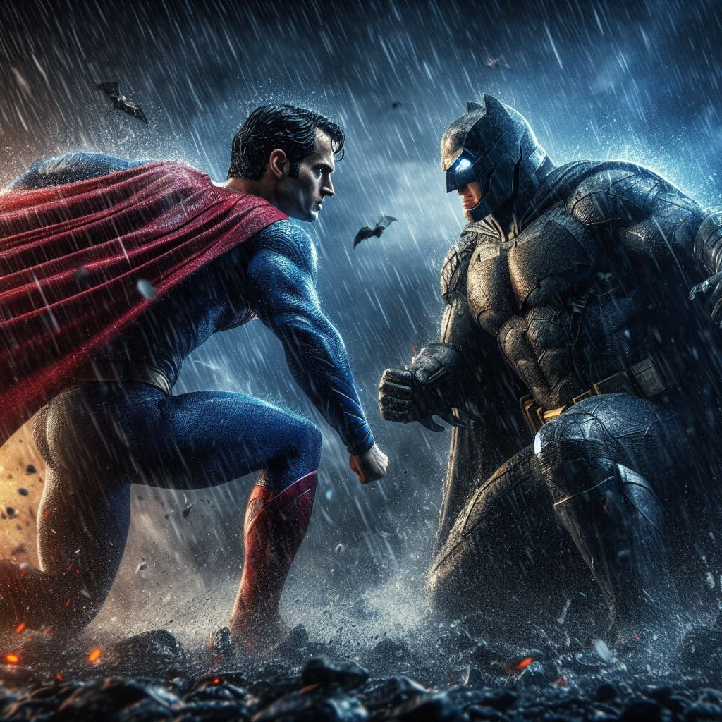 AI generated: Batman & Superman, Epic Fight in the Rain