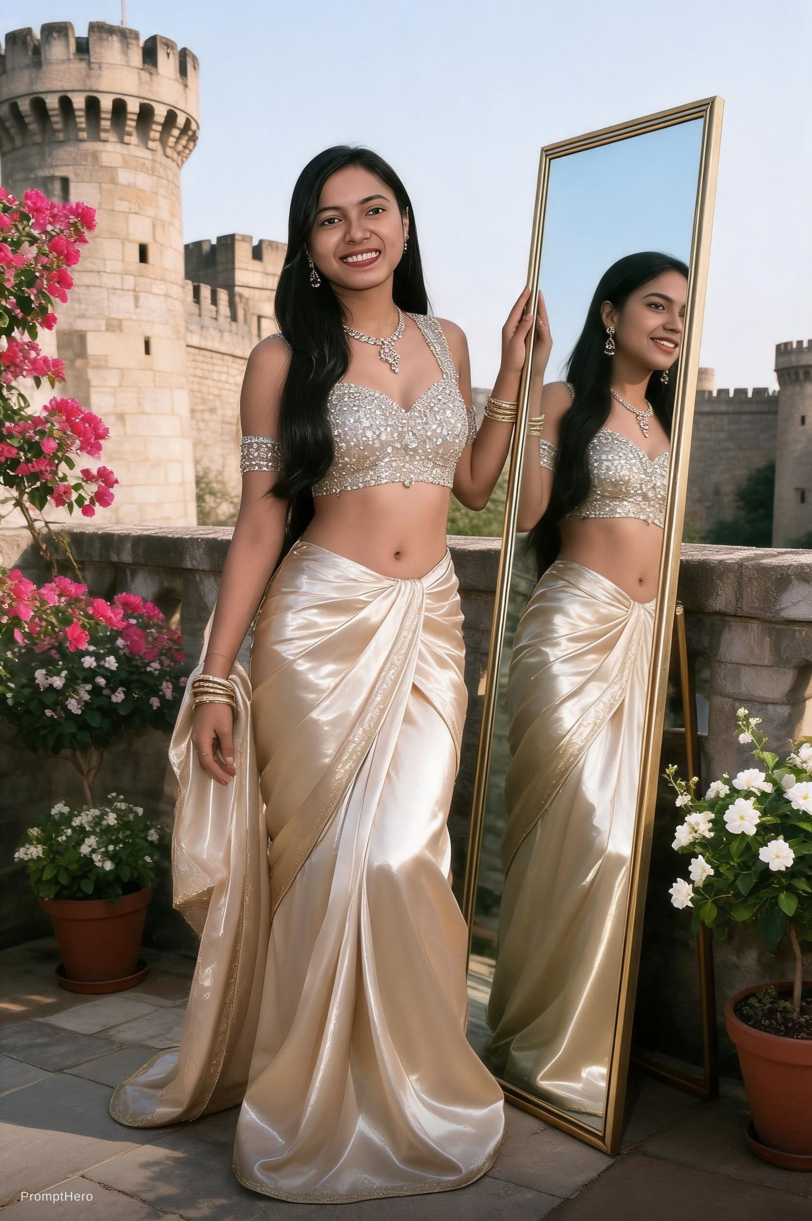 AI generated: create an image of me dressed as apasara wearing a crystal bra, and a satin saree standing in front ...