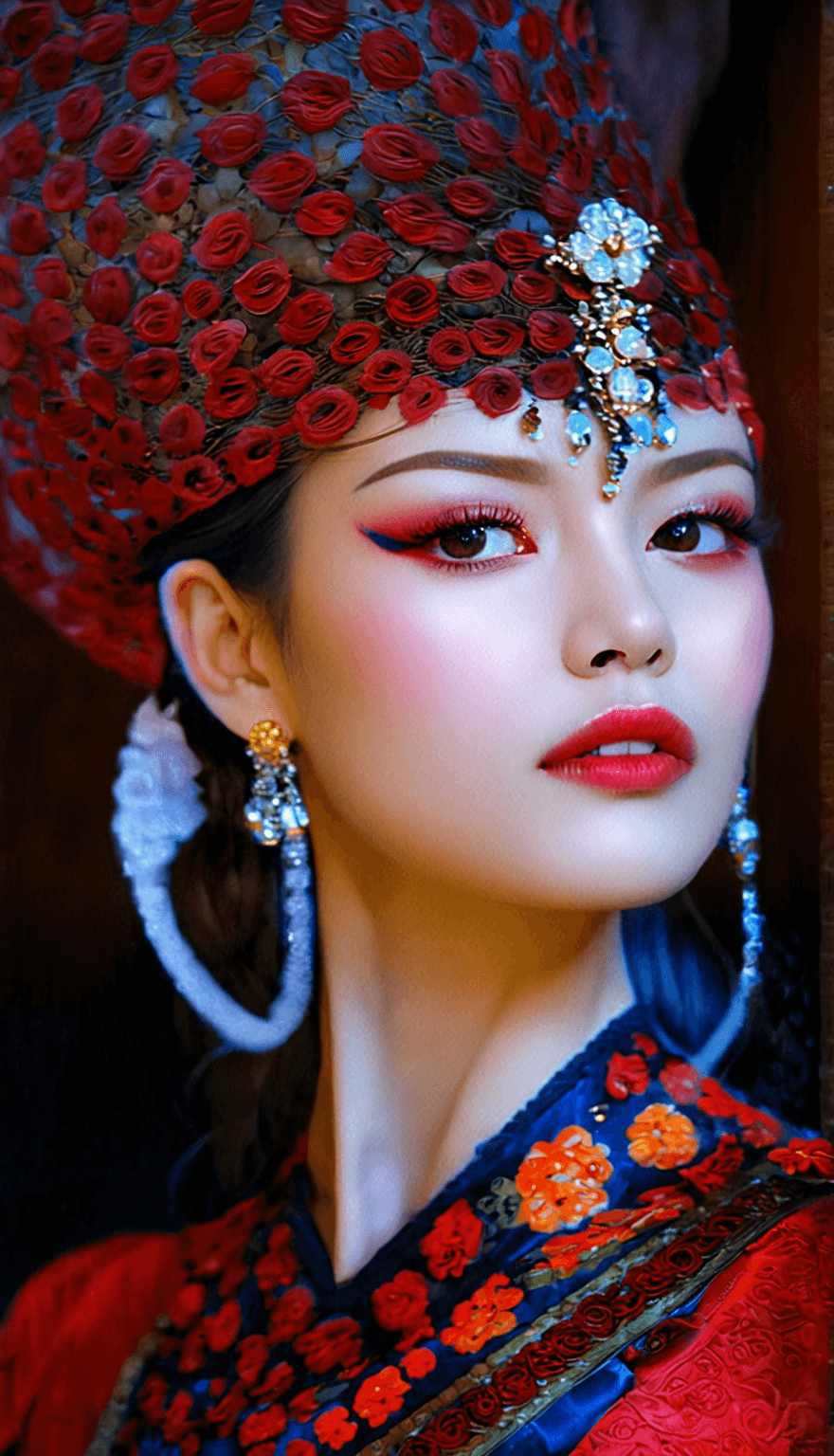 AI generated: A woman in regal attire and headwear, positioned in a three-quarter profile. Her head is turned to c...