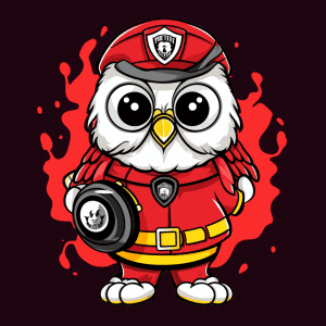 AI generated: Cartoon firefighter owl One Piece rescuing with an upbeat music video, Chart style. Red and white ba...