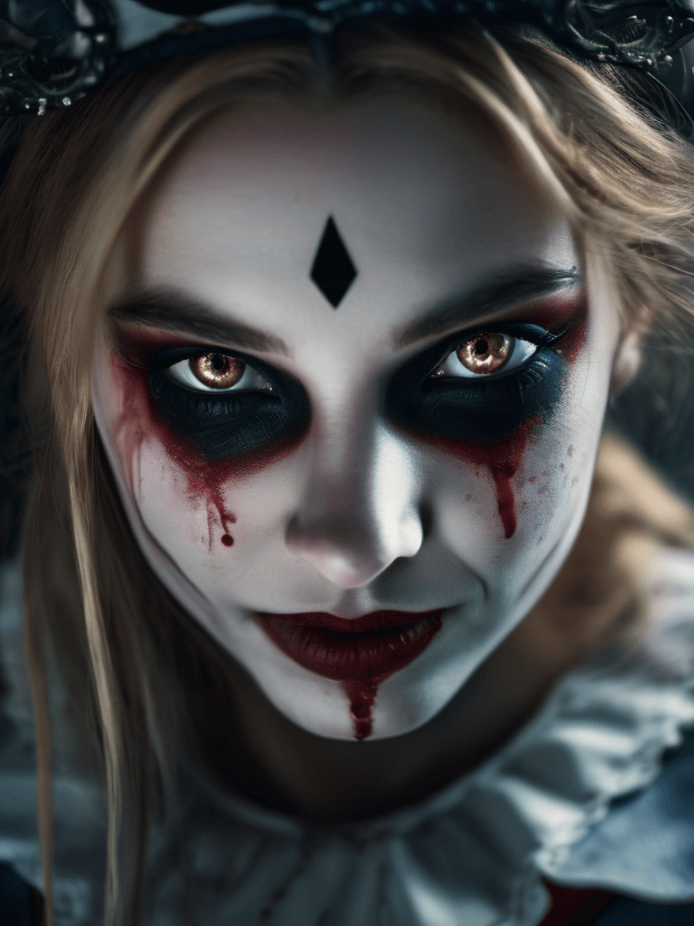 AI generated: a 18yo girl dressed as evil alice in wonderland, scary, creepy, looking at viewer, bloody, photograp...