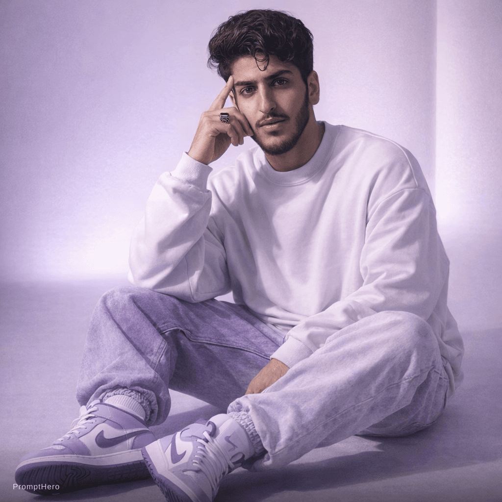 AI generated: Oversized white sweatshirt, white purple oversized combat jean, styled with footwear: white purple n...