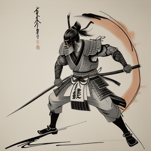 AI generated: Japanese ink drawing, in the style of samurai legends, in combat, intricate brushstroke, setting sun...