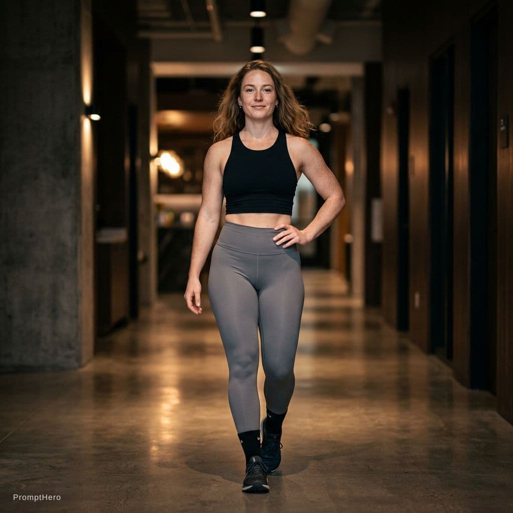 AI generated: Ultra-realistic full body photograph of a confident athletic woman walking forward in a dimly lit in...