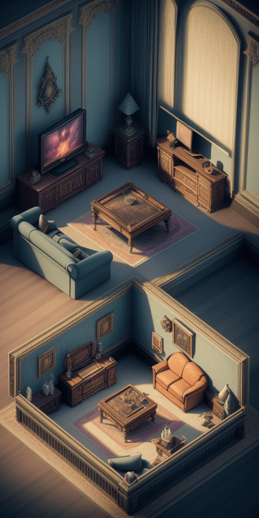 AI generated: Isometric Fantasy Room ,mansion
sofa，television， Realistic style, 4k, Aerial View,  octane,  artstat...