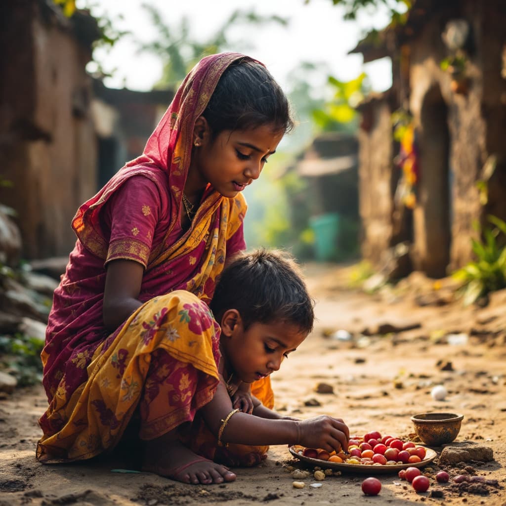 AI generated: A small boy in a poor Indian Village Playing with his mother

