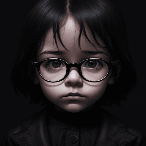 AI generated: digital wallpaper portrait of an anonymous, tiny child face with black glasses, gloomy background, m...