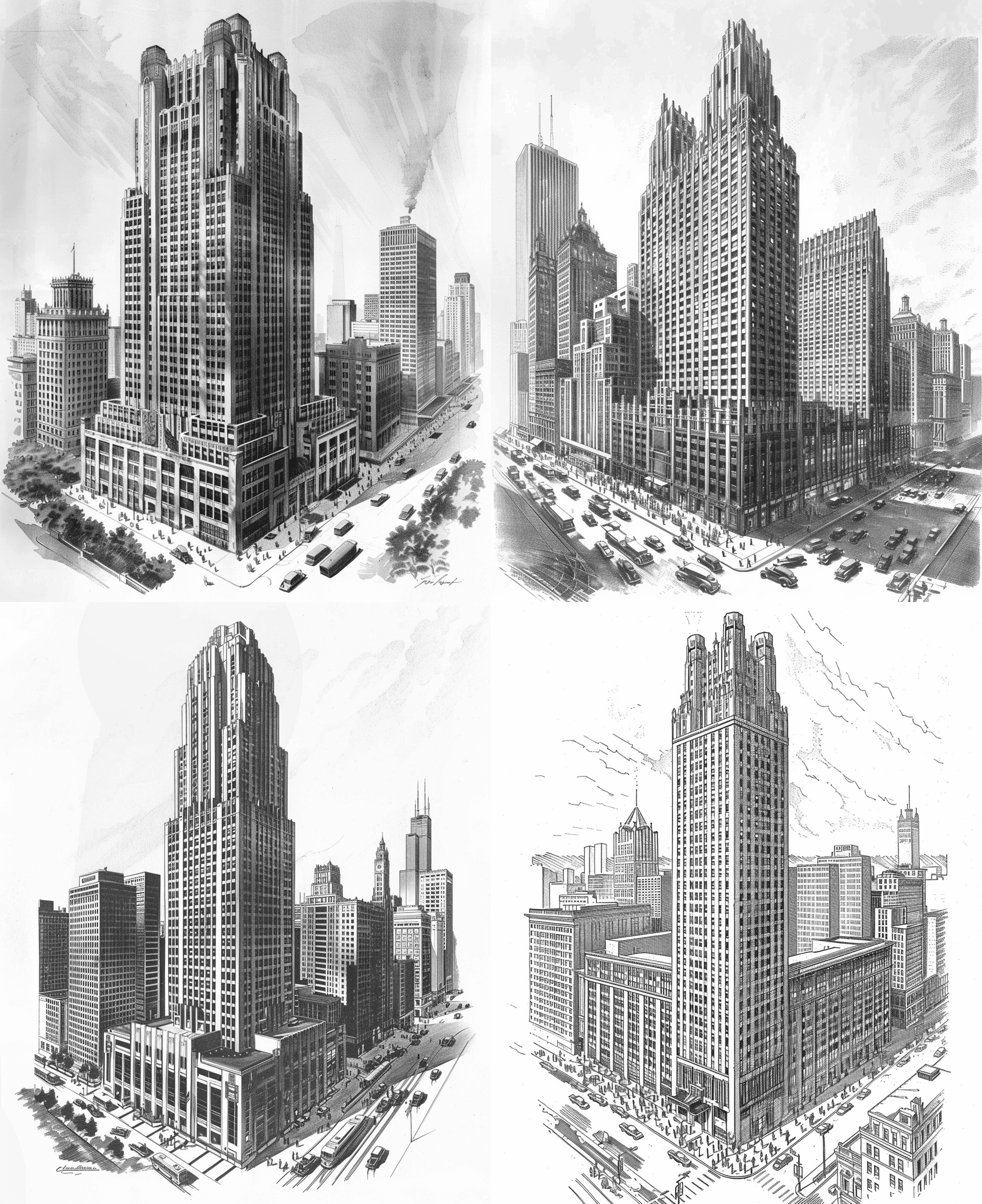 AI generated: A black and white illustration of the world's highest building in downtown Chicago, an Art Deco styl...