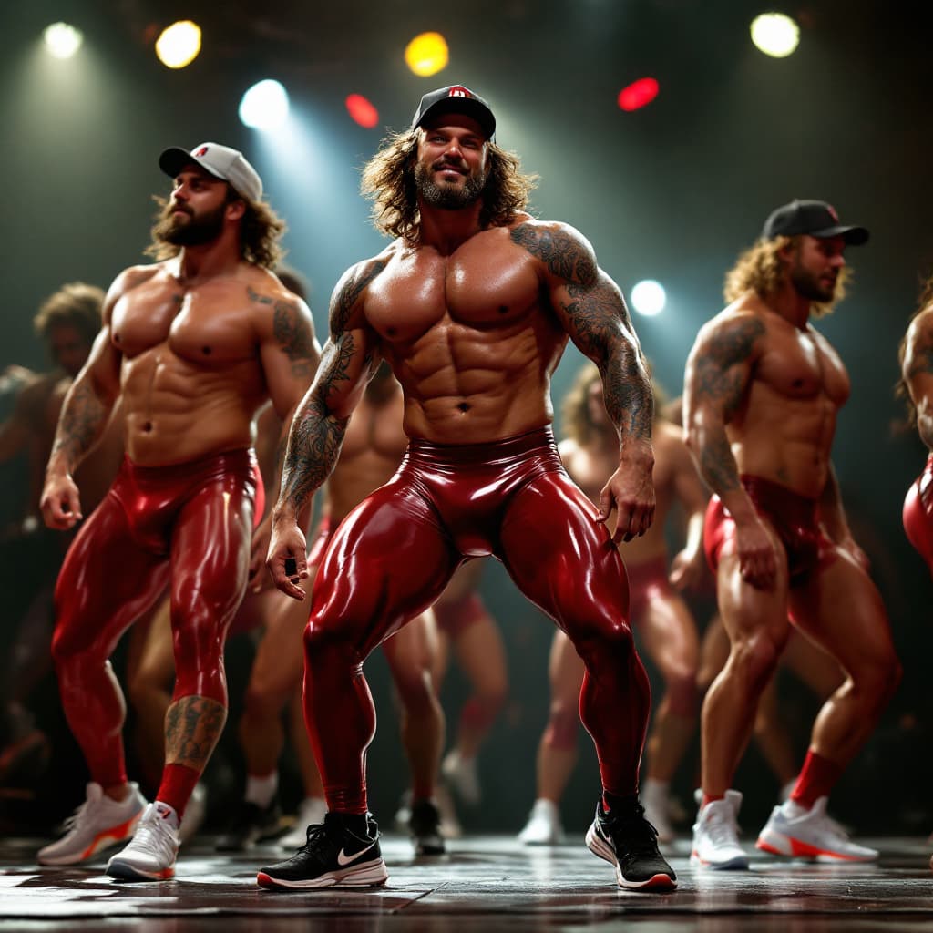 AI generated: Group of huge penis bulge hung male strippers dancing on stage in shiny spandex g-strings, nike runn...