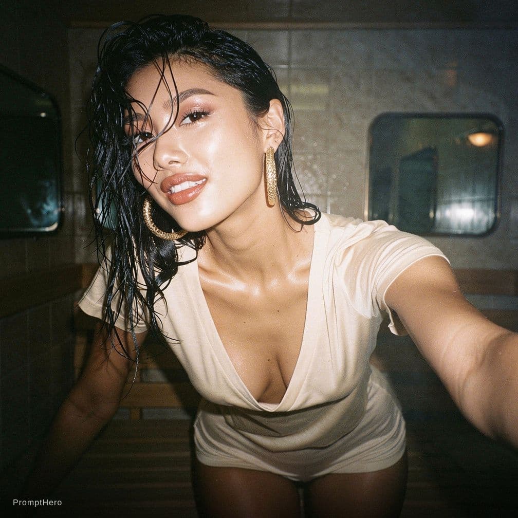 AI generated: inside motel hot sauna room, wet hair, wet body, tight fit contour wet deep big cleavage vneck thin ...
