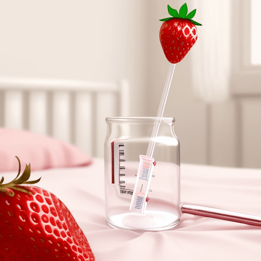 AI generated: a cute little strawberry with fever thermometer ill in bed.