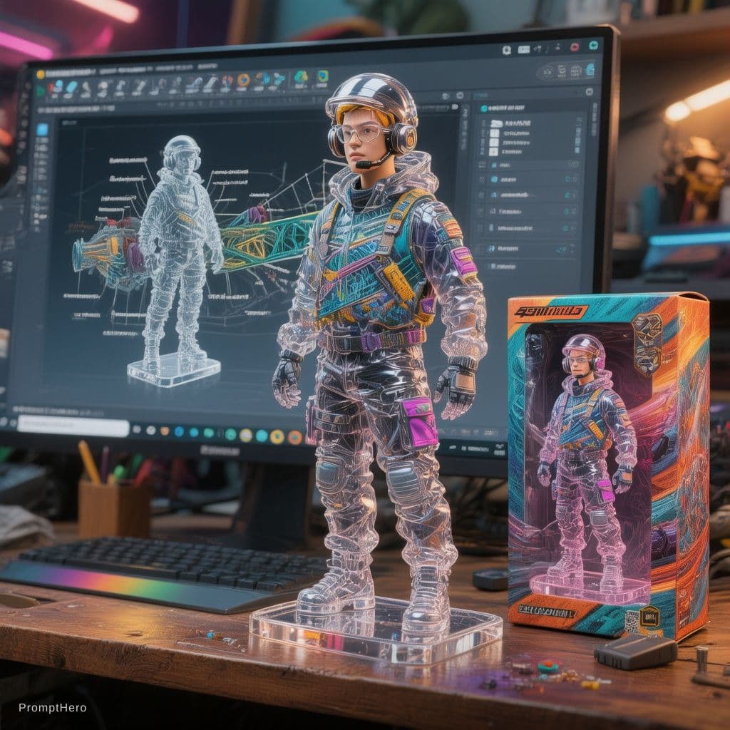 AI generated: Transforming the photographed person into a realistic 3D figurine in front of a computer desk. The c...