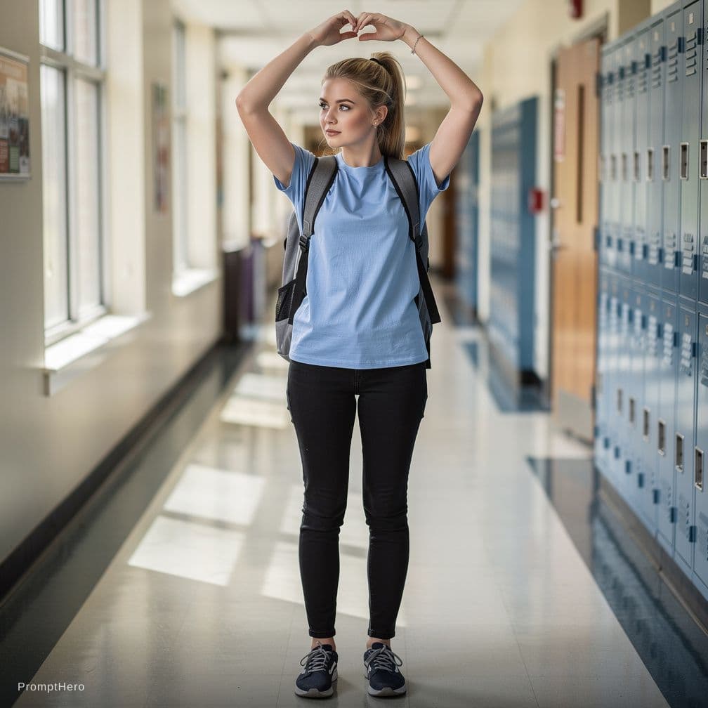AI generated: A college girl of 18 years old with blonde hair and light green eyes wearing plain light blue colour...