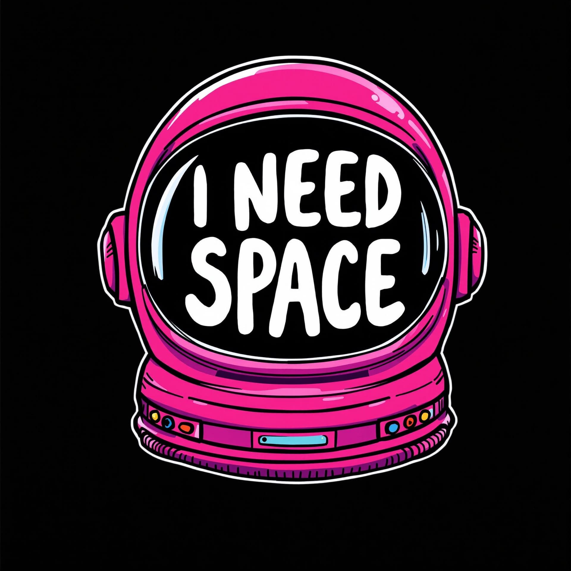 AI generated: A vibrant pink astronaut helmet graphic, illustrative style,  featuring the words "I NEED SPACE" in ...
