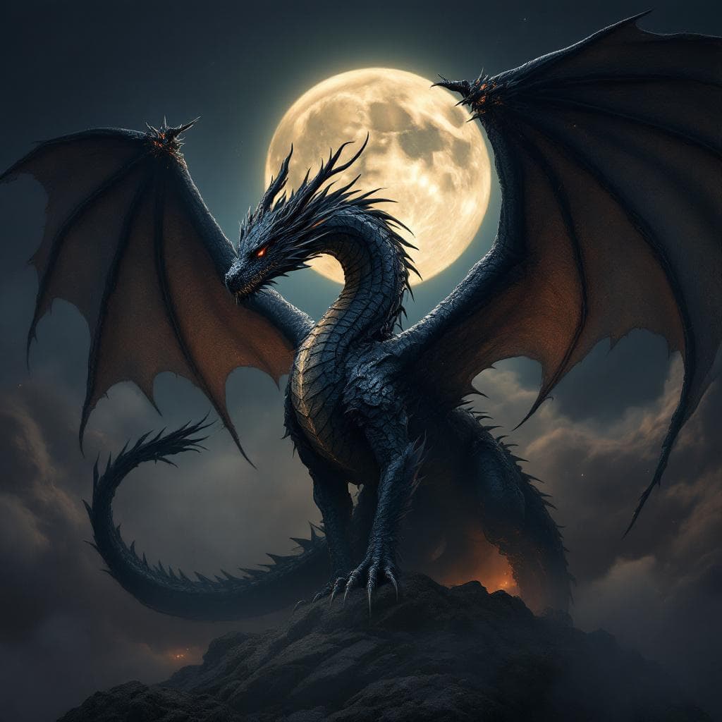 AI generated: A black dragon with hyper-realistic details, dramatic lighting effects, deep, rich colors, moonlight...