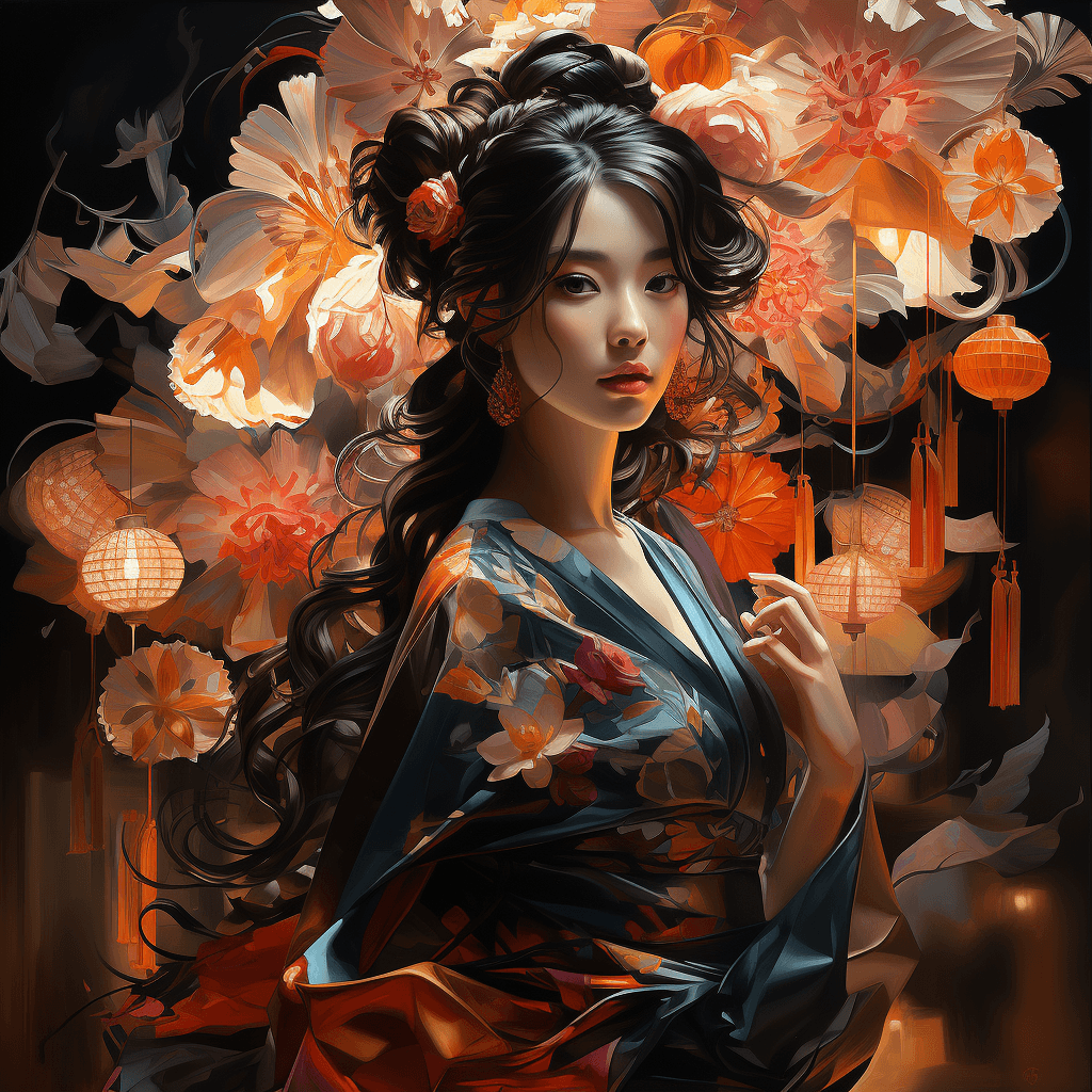 AI generated: An ethereal Geisha amidst a festival night, paper lanterns illuminating the lively streets, a vibran...