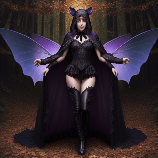AI generated: Realistic jewel tones photograph of detailed full body costume on autumn faerie protecting the night...