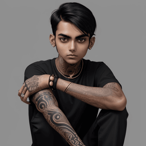 AI generated: smart  fair skin  indian slim boy in black shirt with her arms folded against , in the style of tatt...