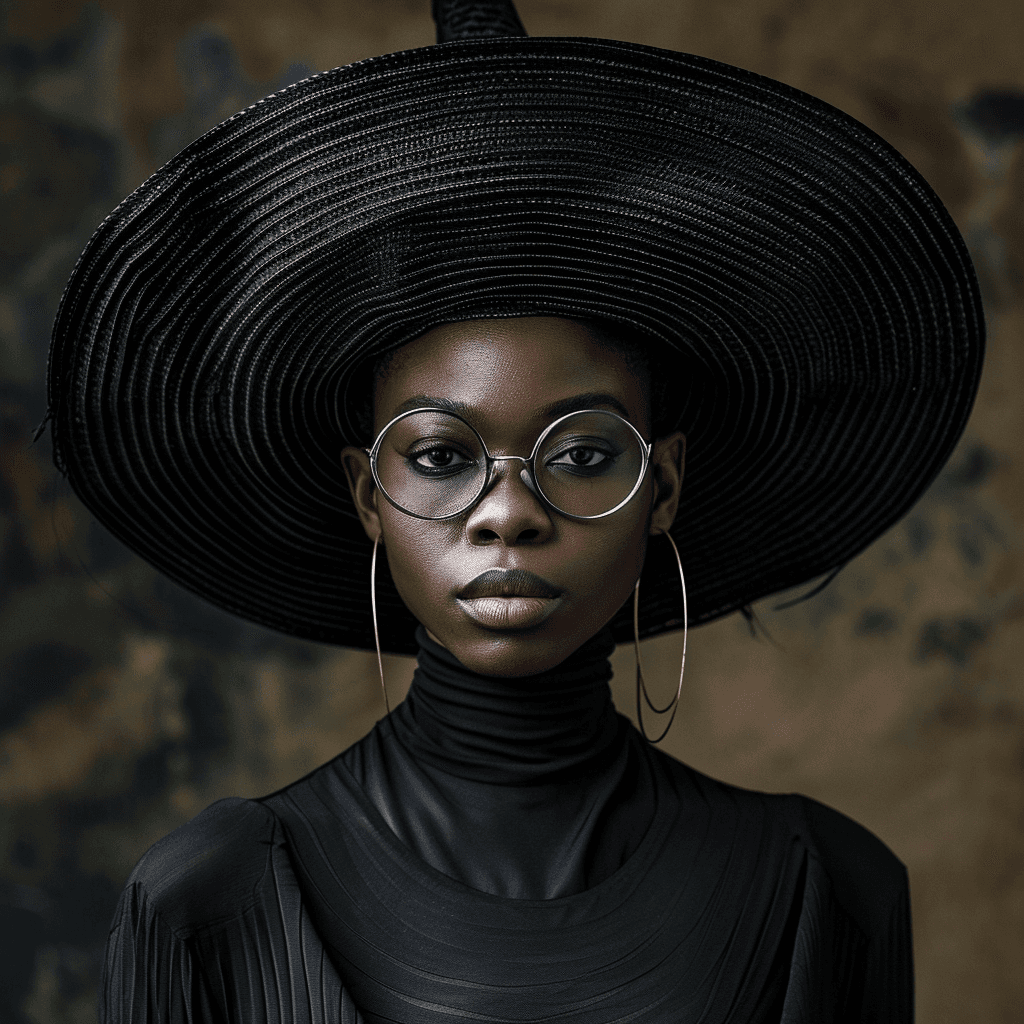 AI generated: A black african woman with glasses wearing a big hat, nigerian woman, in the style of gareth pugh, b...