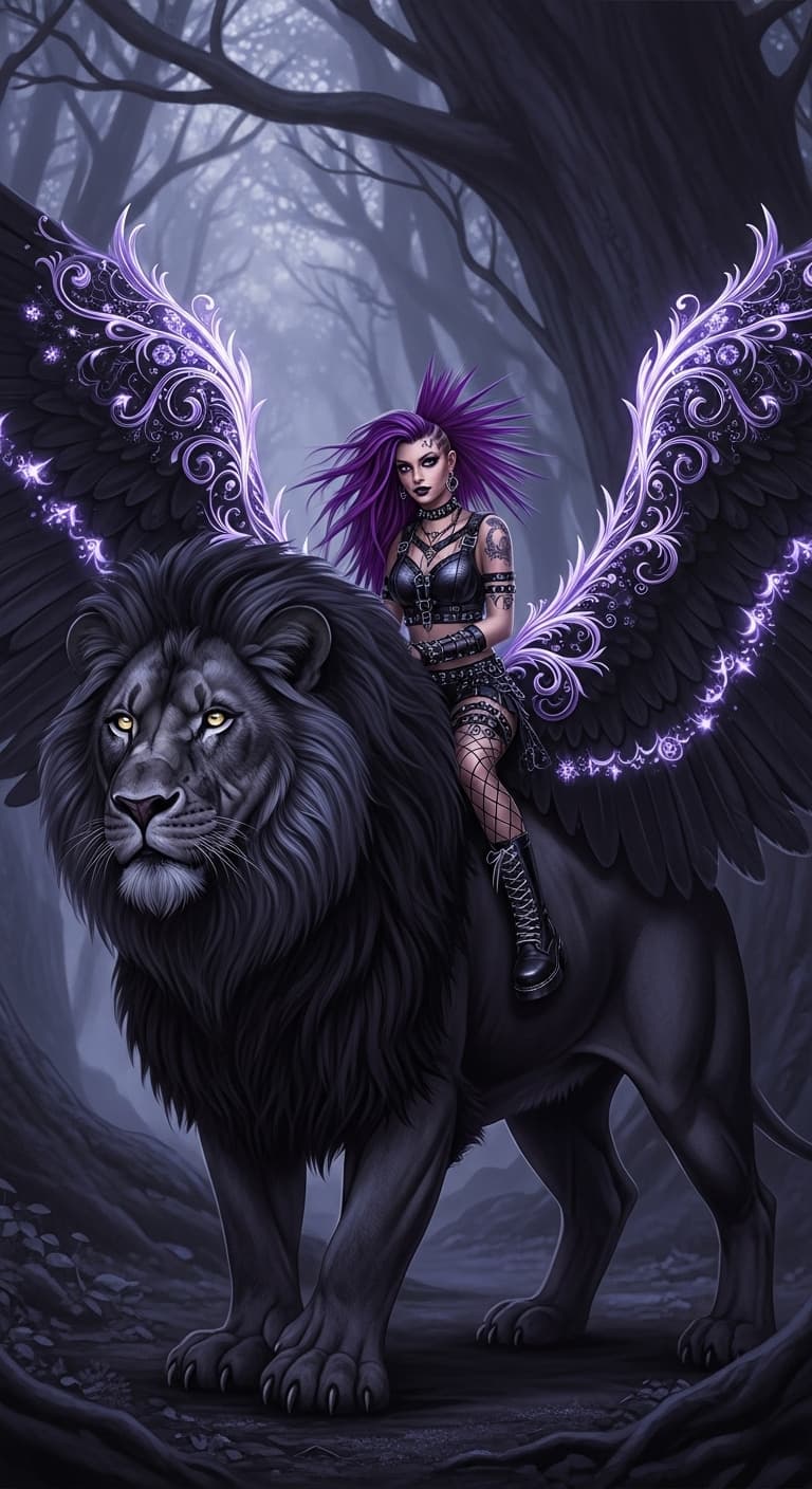 AI generated: A full body photo shot of an strong, fierce black lion with large outstretched, transparent-black fe...