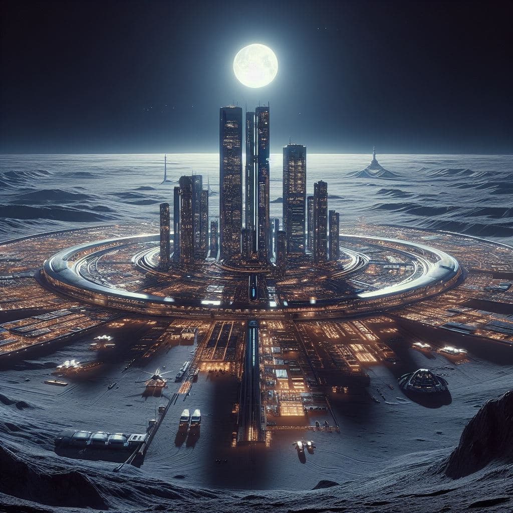 AI generated: A panoramic view of large futuristic city on the Moon, Sci-fi, reminescent of the movies "2001" and ...