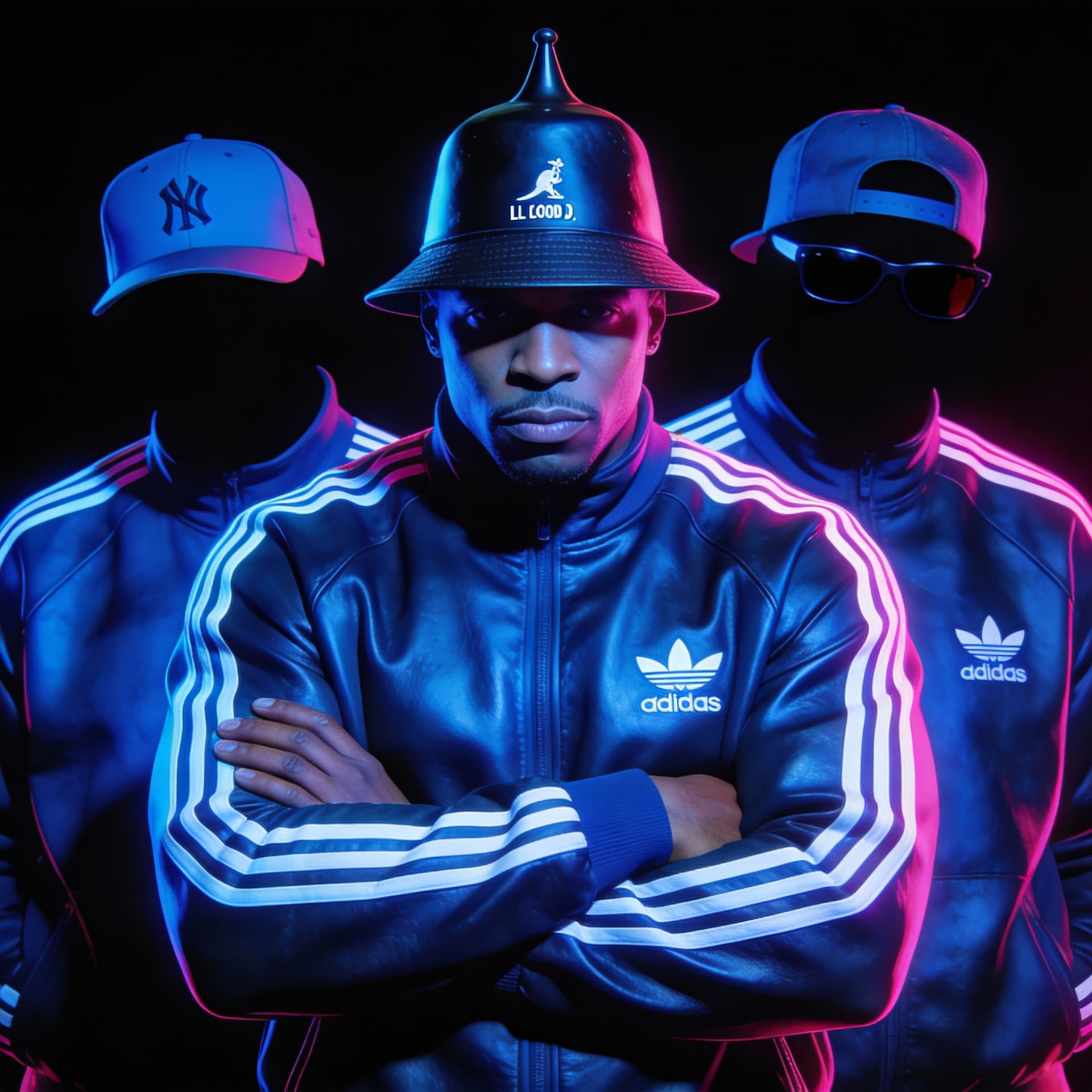 AI generated: closeup from the waist up Front view of 3 grown men rappers bathed in vivid blue light in the shadow...