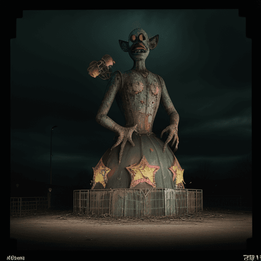 AI generated: Abandoned fairground, grotesque, towering clown statue::2.2 , photorealistic, eerie glow, nighttime,...