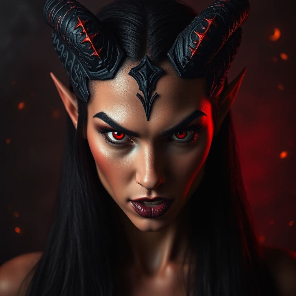 AI generated: A female red demon in a dramatic portrait. Sharp features with glowing red eyes and black lips, star...