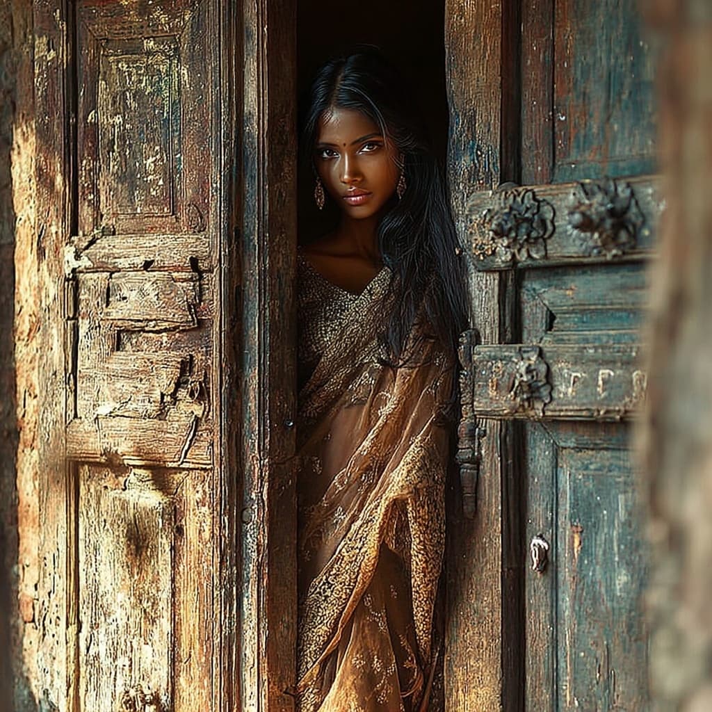 AI generated: A breathtakingly beautiful, voluptuous Indian woman stands gracefully at the threshold of an old woo...