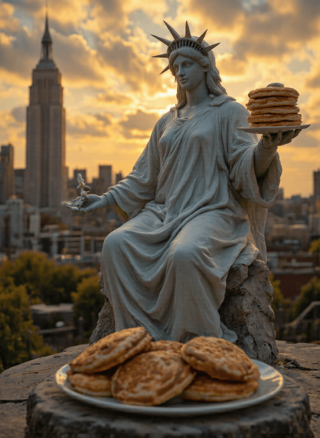 AI generated: The image depicts a statue of the Statue of Liberty seated on a stone surface with a backdrop of a c...