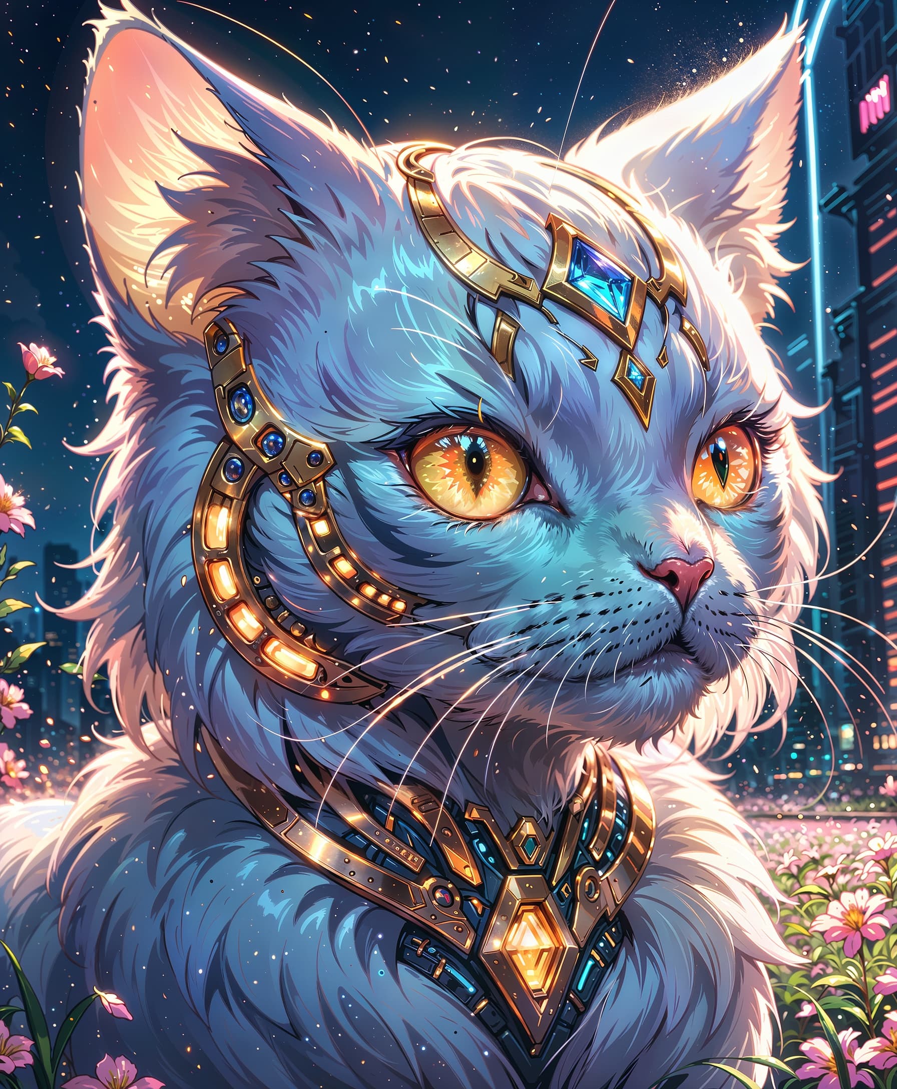 AI generated: (Anime screencap:1.3) of an ethereal cat in a colorful floral field, its mouth wide open to reveal s...