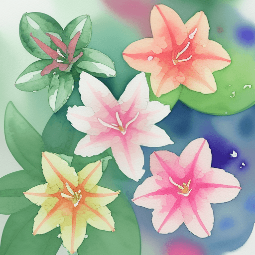 AI generated: Top view of 6 Dwarf azaleas, water color, spaced out, different colors, watercolor, fun, 
