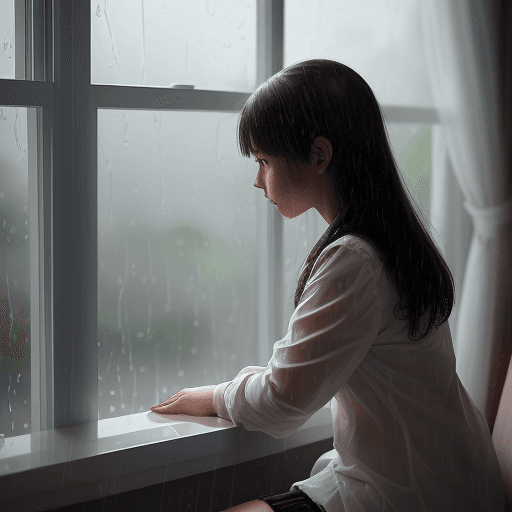AI generated: a young lady sitting at window side. raining outside