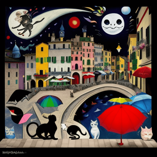 AI generated: two dancer with umbrellas, +flying cats,+ moon with a face, +whimsical italian harbor village, +fire...