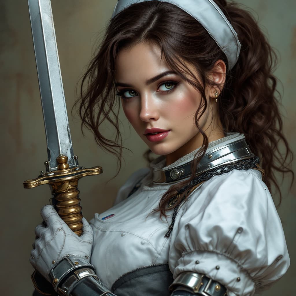 AI generated: nurse in armor with weapon brunette beautiful 
