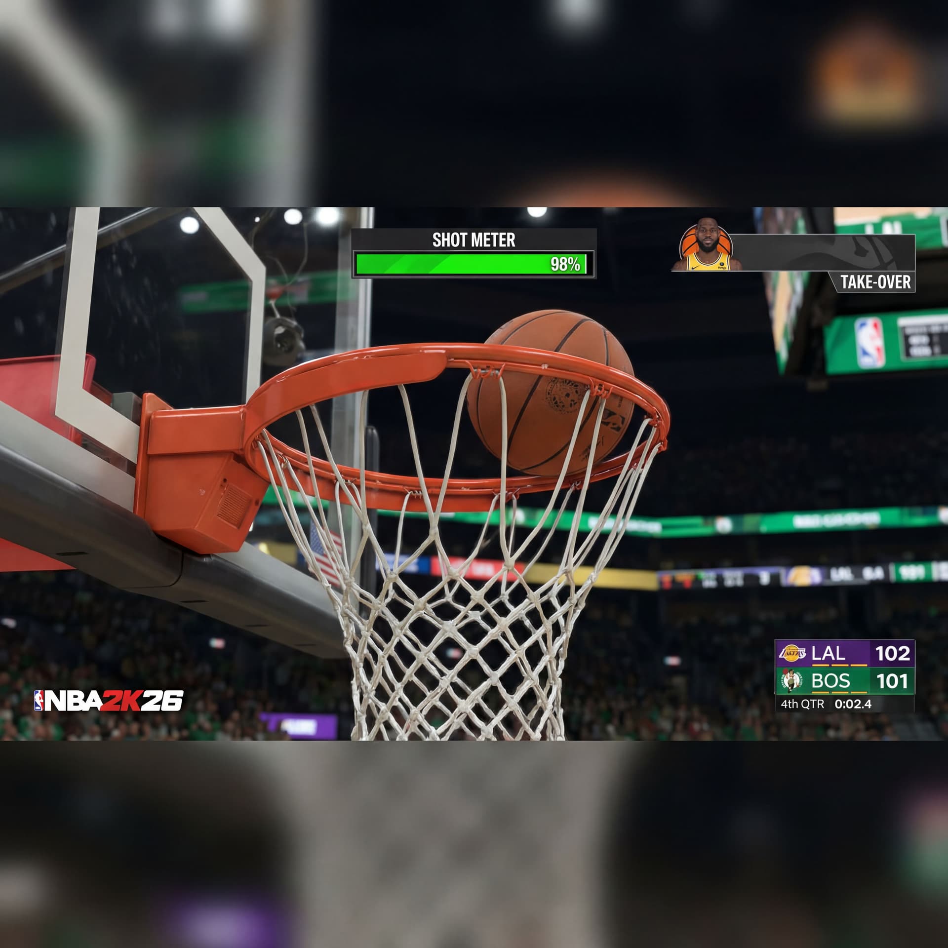 AI generated: show in nba 2k26 graphics basketball rim with ball trying to enter hoop.
