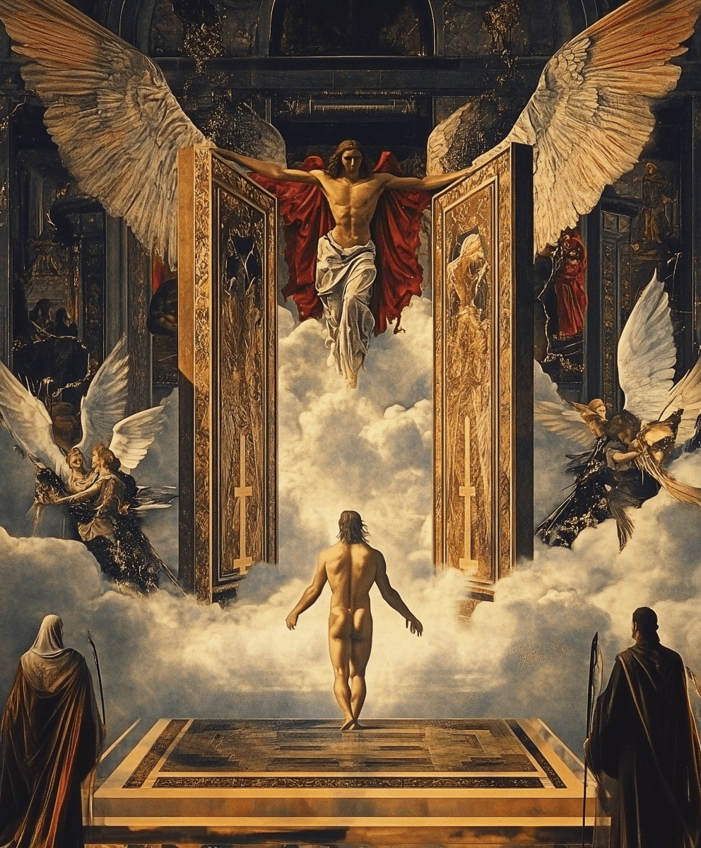 AI generated: front image of An archangel closing the gates of Heaven, in front of a handsome, muscular man, who i...