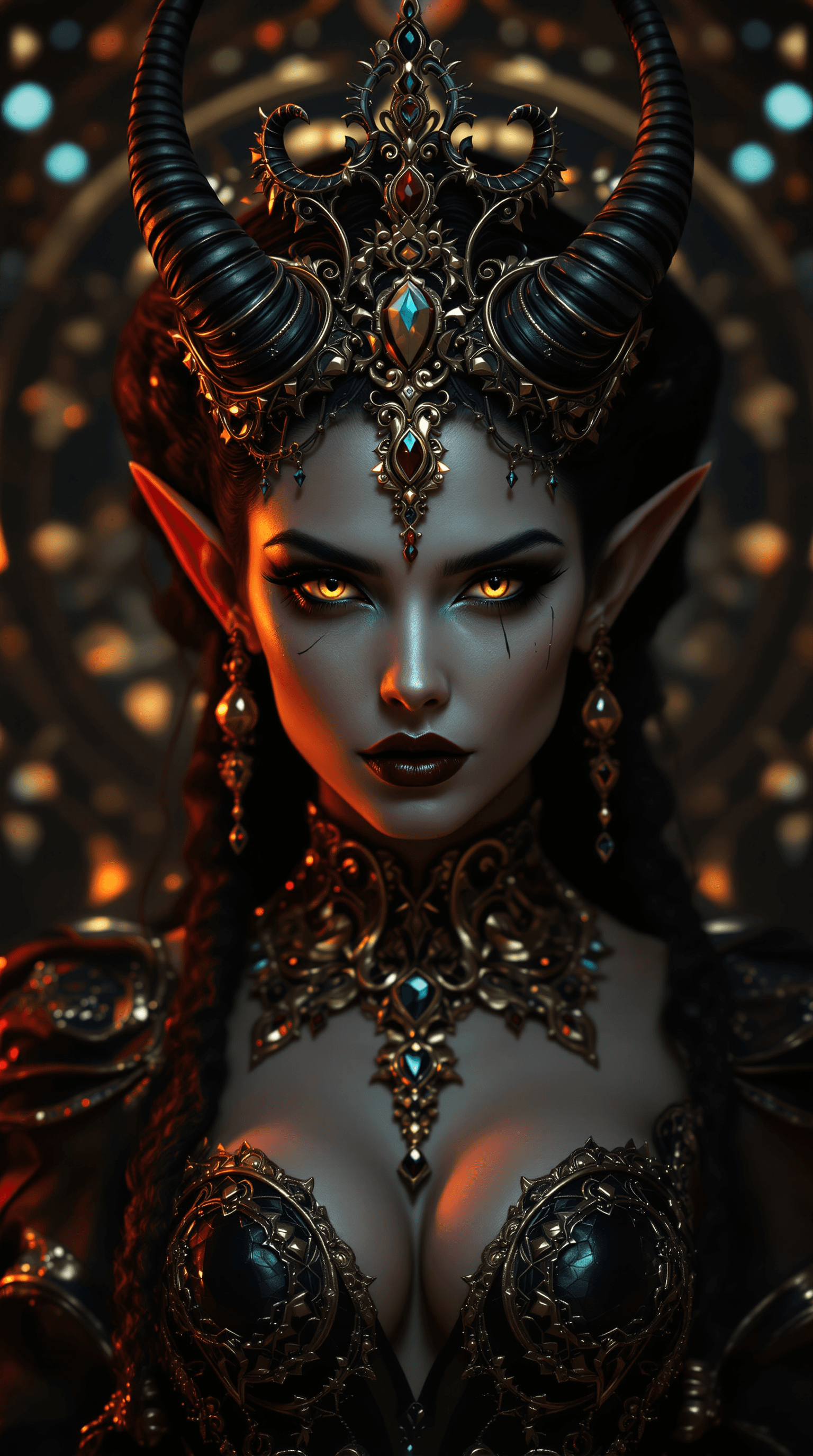 AI generated:  A regal, hyper-realistic lycanthrope lady with pointed ears, adorned in intricate, ornate accessori...