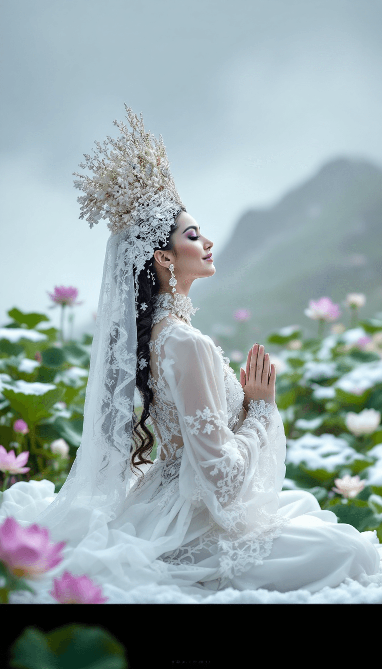 AI generated: Candid closeup photo of a giggling eccentric traditional Siberian queen doing yoga, on top of snowy ...