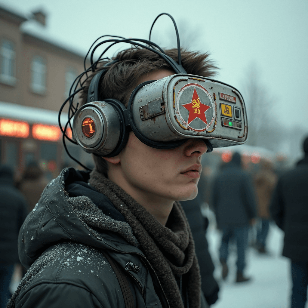 AI generated: In a Soviet village on a dreary winter morning, a young man waits at a crowded bus stop. On his head...