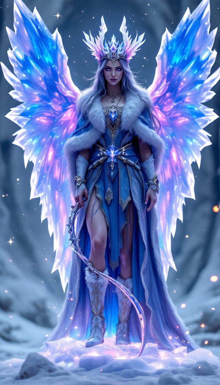 AI generated: A (Unique Masterpiece) ‘crystal shard’ statue with 2 arms, the statue has two giant ice dragons stan...