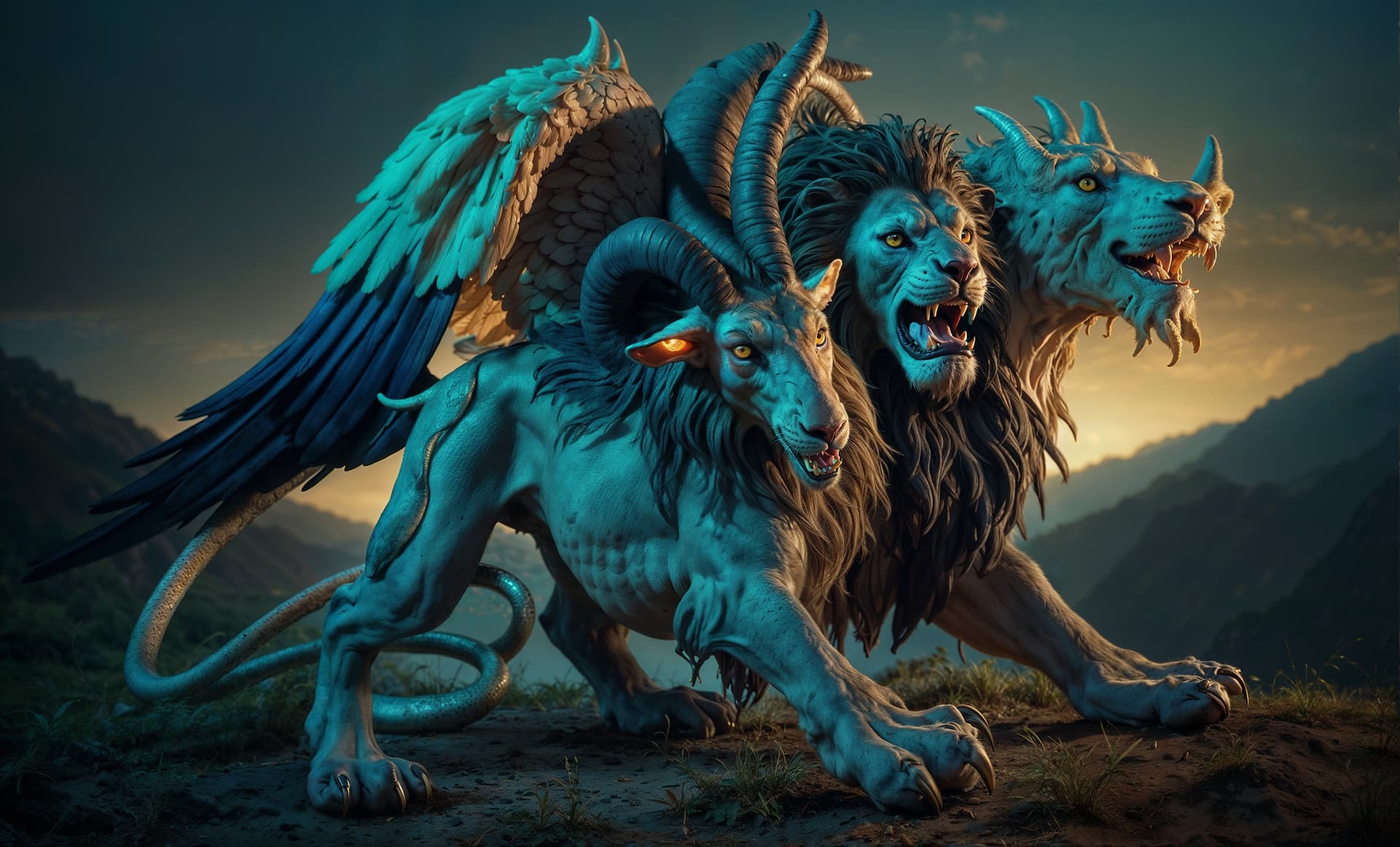 AI generated: A mesmerizing chimera stands before us in all its mythical glory - a lion's head, a snake's tail, an...
