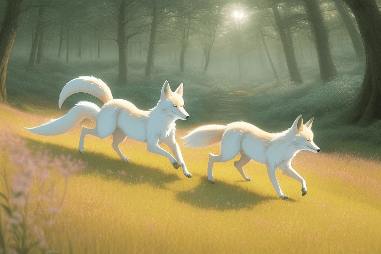 AI generated: white fox and red fox running through the meadow hill, forest on the horizont, beautiful ambiance, g...