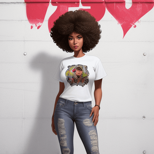 AI generated: full image of beautiful african american woman with an afro, wearing jeans, white sneakers, t-shirt ...