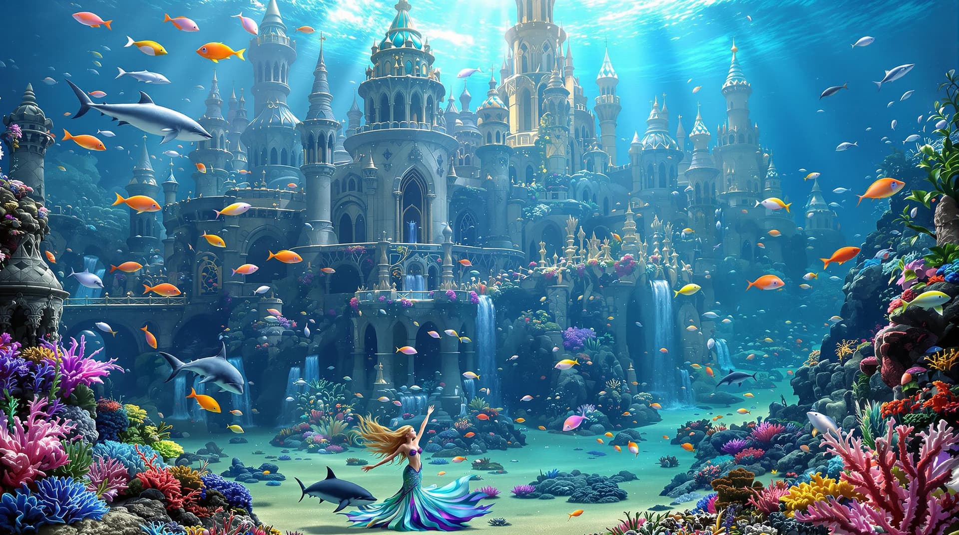 AI generated: Create an image of a ((super realistic underwater kingdom, with ultra detailed ancient castles, many...
