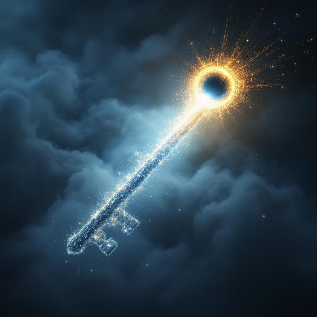 AI generated: Create a key made of Light and energy with a black hole that has light flowing out of it at the hilt...